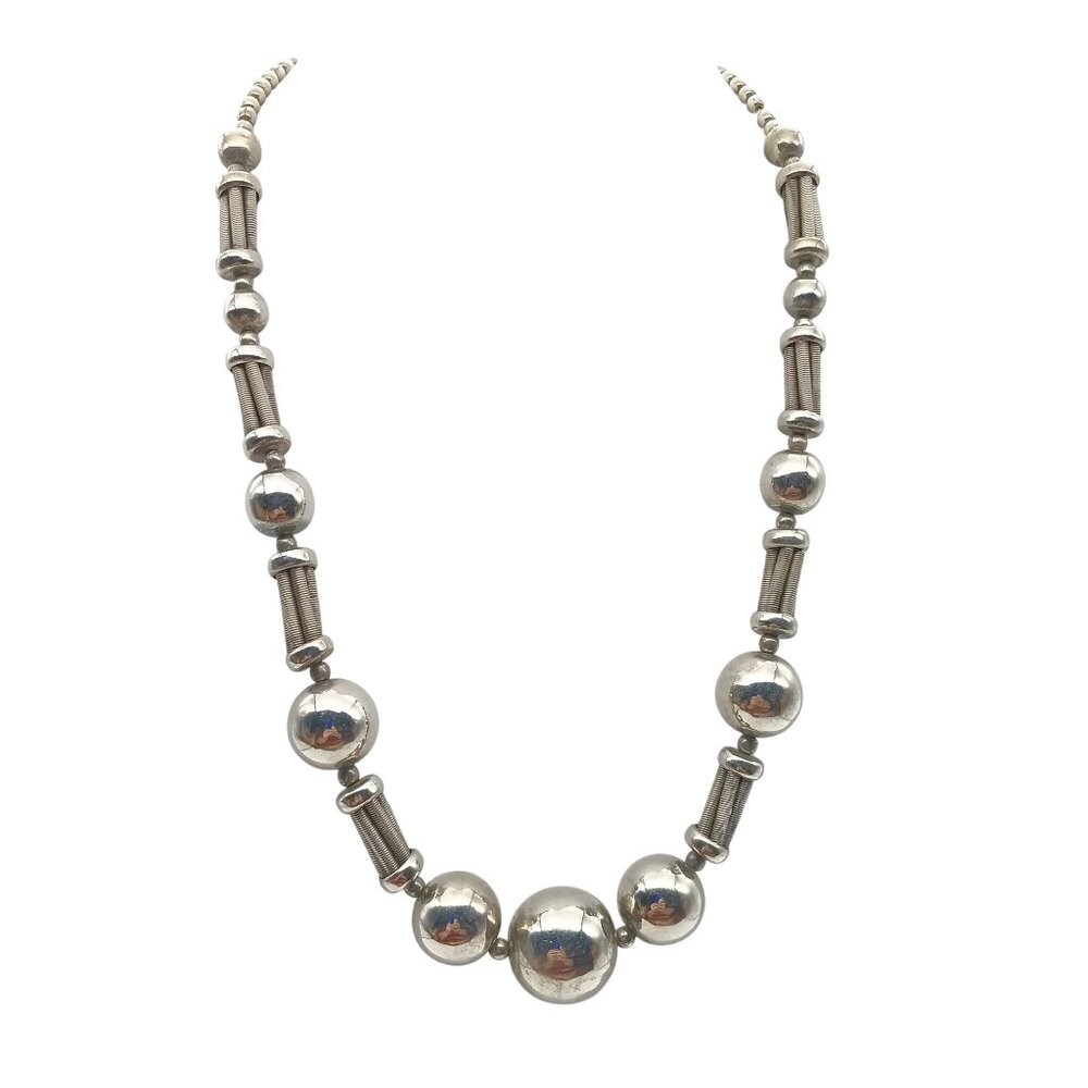 Vintage Industrialist Beaded Necklace with Silver Tone Mixed Bead Sizes & Shapes